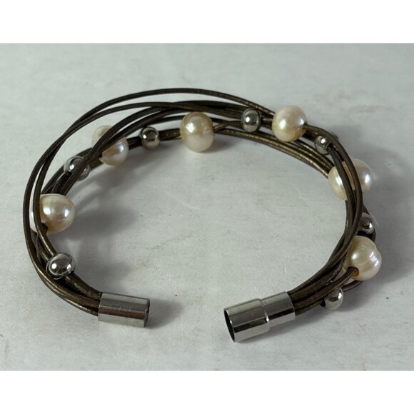 Multi-Strand Bracelet Freshwater Pearls Stainless Steel Beads Magnetic Clasp - Picture 3 of 5
